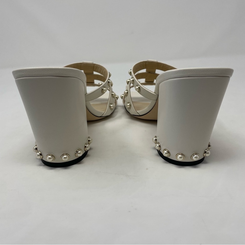 Nib JIMMY CHOO HAZAL 85 LATTE NAPPA CAGED MULES WITH PEARL STUDS IN CREAM - Picture 8 of 13